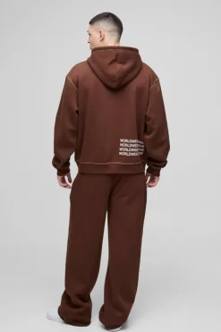 Fashion boohooMAN Oversized Boxy Contrast Stitch Printed Zip Through Hooded Tracksuit chocolate