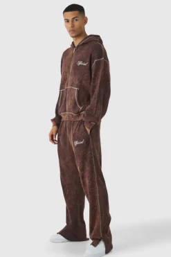 Fashion boohooMAN Oversized Boxy Contrast Stitch Acid Wash Heavy Waffle Zip Through Hooded Tracksuit chocolate