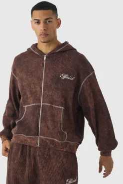 Fashion boohooMAN Oversized Boxy Contrast Stitch Acid Wash Heavy Waffle Zip Through Hooded Tracksuit chocolate