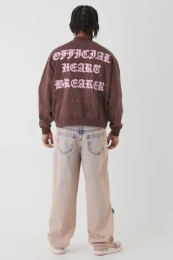 Discount boohooMAN Oversized Boxy Contrast Stitch Skull Applique Bomber Jacket brown