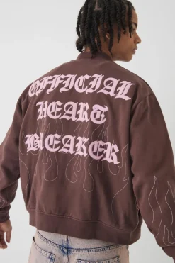 Discount boohooMAN Oversized Boxy Contrast Stitch Skull Applique Bomber Jacket brown