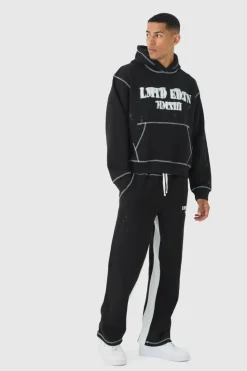 Outlet boohooMAN Oversized Boxy Contrast Stitch Paint Splatter Printed Tracksuit black