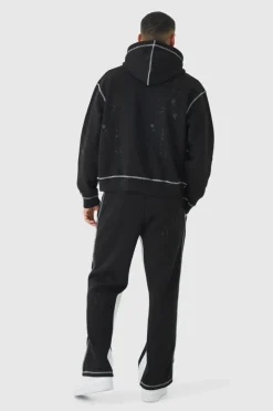 Outlet boohooMAN Oversized Boxy Contrast Stitch Paint Splatter Printed Tracksuit black