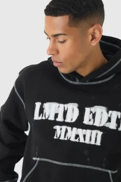 Outlet boohooMAN Oversized Boxy Contrast Stitch Paint Splatter Printed Tracksuit black
