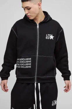 Fashion boohooMAN Oversized Boxy Contrast Stitch Printed Zip Through Hoodie black