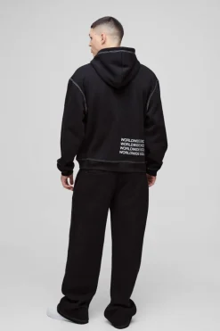 Fashion boohooMAN Oversized Boxy Contrast Stitch Printed Zip Through Hoodie black