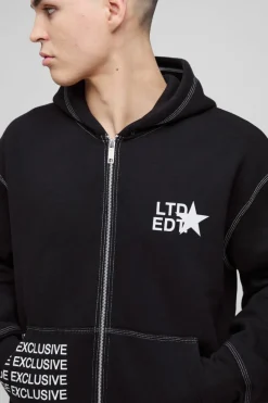 Fashion boohooMAN Oversized Boxy Contrast Stitch Printed Zip Through Hoodie black