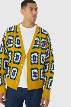Clearance boohooMAN Oversized Boxy Crochet Cardigan mustard