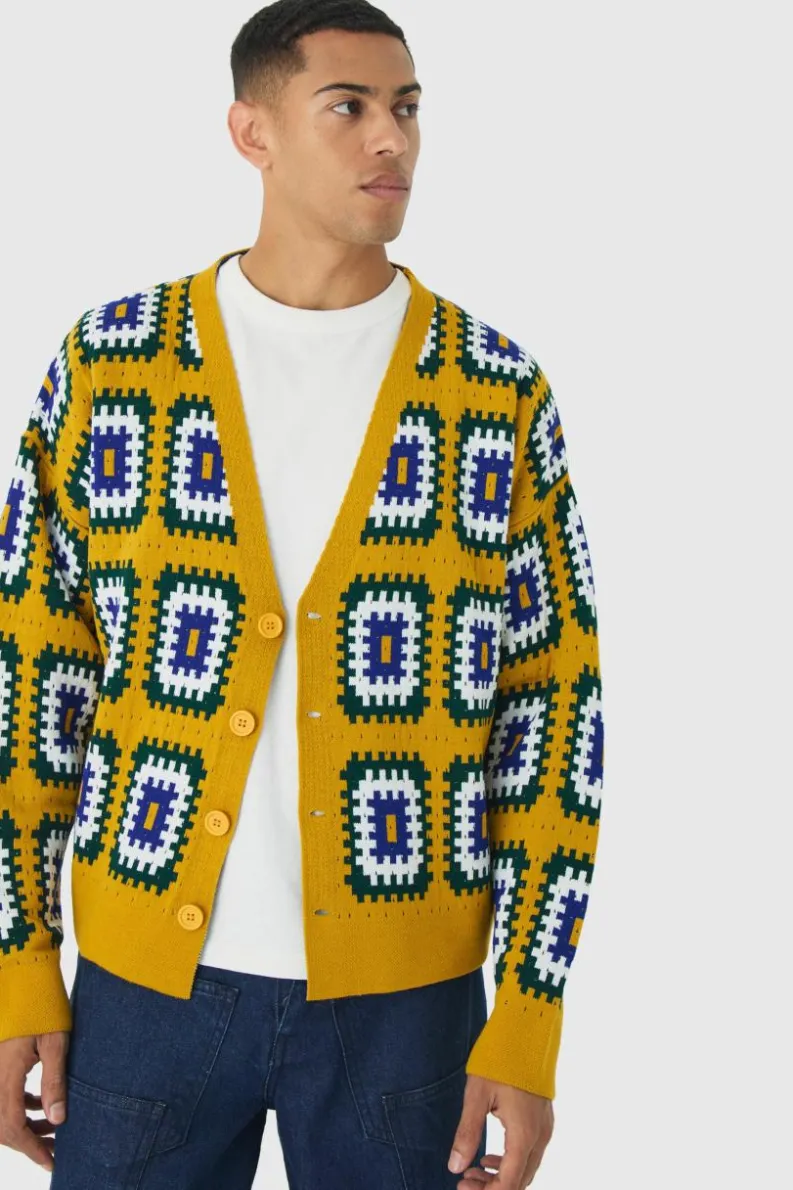Clearance boohooMAN Oversized Boxy Crochet Cardigan mustard