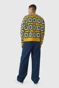 Clearance boohooMAN Oversized Boxy Crochet Cardigan mustard