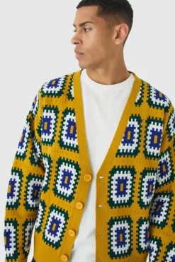 Clearance boohooMAN Oversized Boxy Crochet Cardigan mustard
