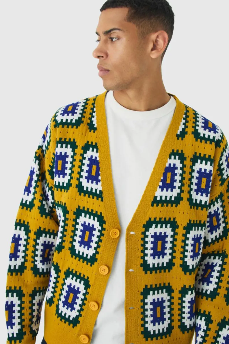 Clearance boohooMAN Oversized Boxy Crochet Cardigan mustard