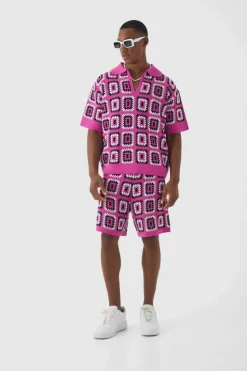 Outlet boohooMAN Oversized Boxy Crochet Knit Polo And Short pink