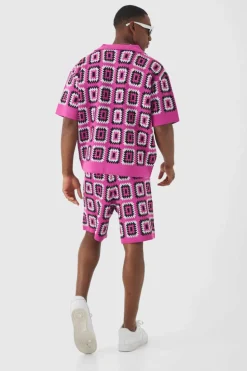 Outlet boohooMAN Oversized Boxy Crochet Knit Polo And Short pink