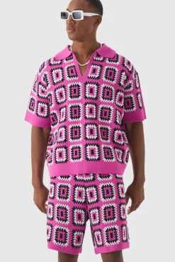 Outlet boohooMAN Oversized Boxy Crochet Knit Polo And Short pink