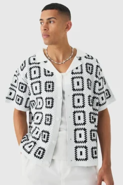 Best boohooMAN Oversized Boxy Crochet Knit Revere Shirt white