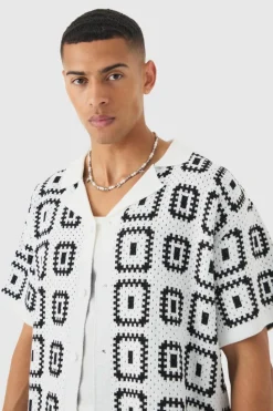 Best boohooMAN Oversized Boxy Crochet Knit Revere Shirt white