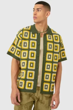 Flash Sale boohooMAN Oversized Boxy Crochet Knit Shirt In khaki