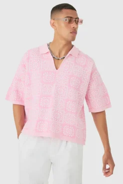 Discount boohooMAN Oversized Boxy Crochet Knitted Polo pink