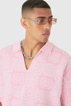 Discount boohooMAN Oversized Boxy Crochet Knitted Polo pink
