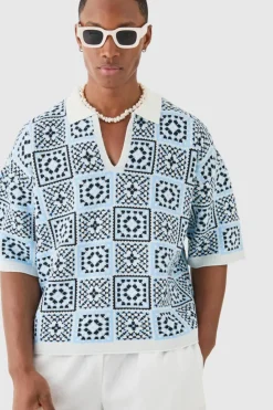 Store boohooMAN Oversized Boxy Crochet Knitted Polo white