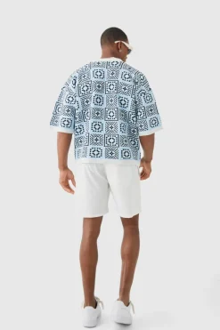 Store boohooMAN Oversized Boxy Crochet Knitted Polo white