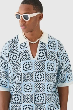 Store boohooMAN Oversized Boxy Crochet Knitted Polo white