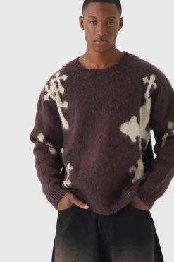 Cheap boohooMAN Oversized Boxy Cross Brushed Knitted Jumper chocolate