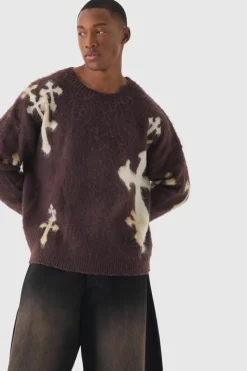 Cheap boohooMAN Oversized Boxy Cross Brushed Knitted Jumper chocolate