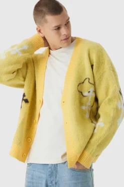 Cheap boohooMAN Oversized Boxy Cross Brushed Knitted Cardigan yellow