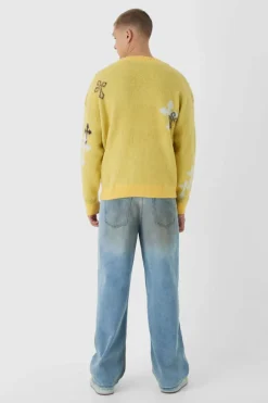 Cheap boohooMAN Oversized Boxy Cross Brushed Knitted Cardigan yellow