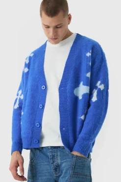 Sale boohooMAN Oversized Boxy Cross Brushed Knitted Cardigan cobalt