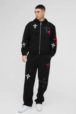 Store boohooMAN Oversized Boxy Cross Embroidered Printed Zip Through Hooded Tracksuit black