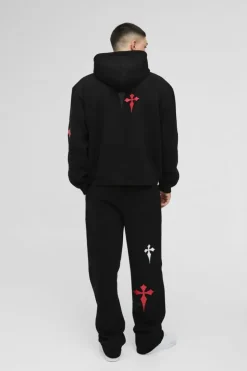 Store boohooMAN Oversized Boxy Cross Embroidered Printed Zip Through Hooded Tracksuit black