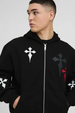 Store boohooMAN Oversized Boxy Cross Embroidered Printed Zip Through Hooded Tracksuit black