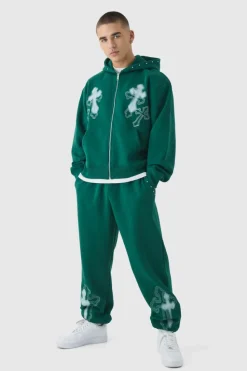 New boohooMAN Oversized Boxy Cross Embroidered Zip Through Hooded Tracksuit forest