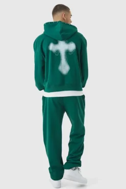 New boohooMAN Oversized Boxy Cross Embroidered Zip Through Hooded Tracksuit forest