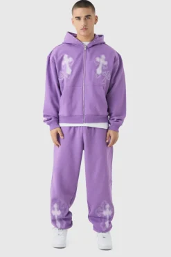 Outlet boohooMAN Oversized Boxy Cross Embroidered Zip Through Hooded Tracksuit purple