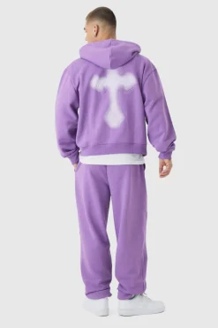 Outlet boohooMAN Oversized Boxy Cross Embroidered Zip Through Hooded Tracksuit purple