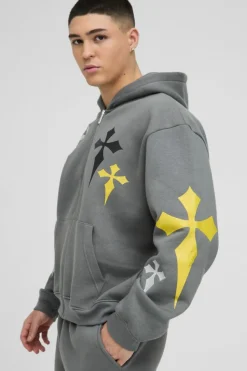 Fashion boohooMAN Oversized Boxy Cross Embroidered Printed Zip Through Hoodie charcoal