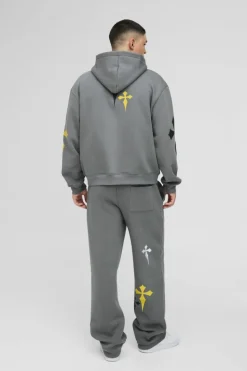 Fashion boohooMAN Oversized Boxy Cross Embroidered Printed Zip Through Hoodie charcoal