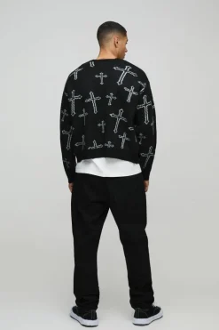 Sale boohooMAN Oversized Boxy Cross Graphic Brushed Knitted Cardigan black
