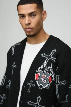 Sale boohooMAN Oversized Boxy Cross Graphic Brushed Knitted Cardigan black