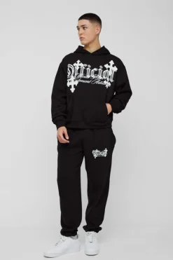 Online boohooMAN Oversized Boxy Cross Printed Hooded Tracksuit black