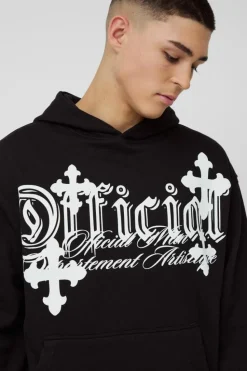 Online boohooMAN Oversized Boxy Cross Printed Hooded Tracksuit black