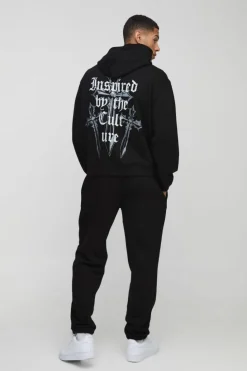 Fashion boohooMAN Oversized Boxy Cross Printed Hooded Tracksuit black