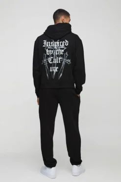 Fashion boohooMAN Oversized Boxy Cross Printed Hooded Tracksuit black