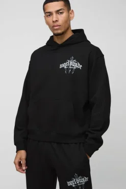 Fashion boohooMAN Oversized Boxy Cross Printed Hooded Tracksuit black