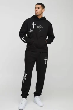 Outlet boohooMAN Oversized Boxy Cross Print Hooded Tracksuit black
