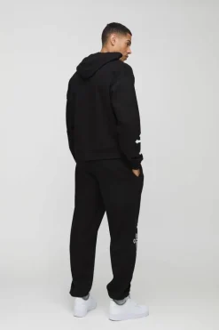 Outlet boohooMAN Oversized Boxy Cross Print Hooded Tracksuit black